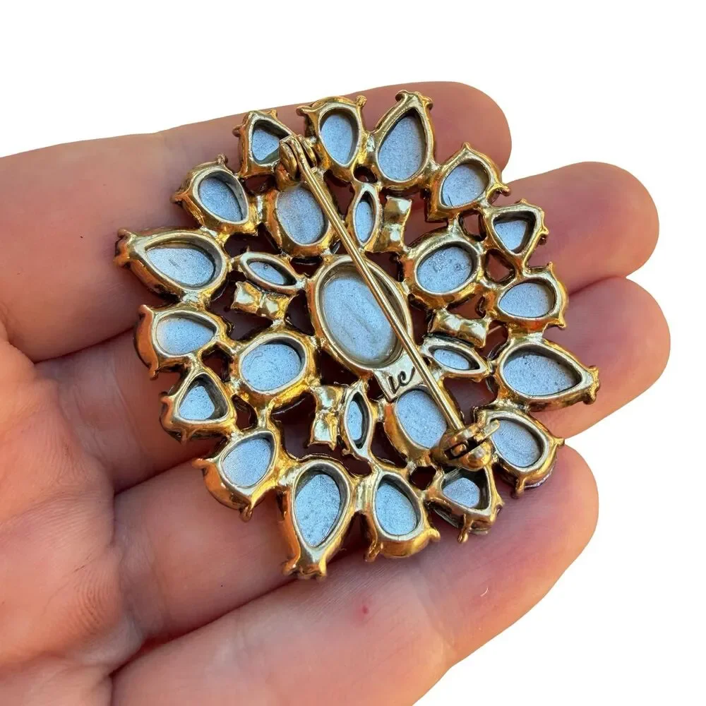 Vintage Jewelry Brooch Signed Liz Claiborne Orange Enamel Flower Rhinestone Pin